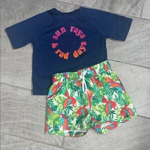 Old Navy Rash Guard Swim Shirt & Tropical Parrot Swim Trunks, Size 18-24mos